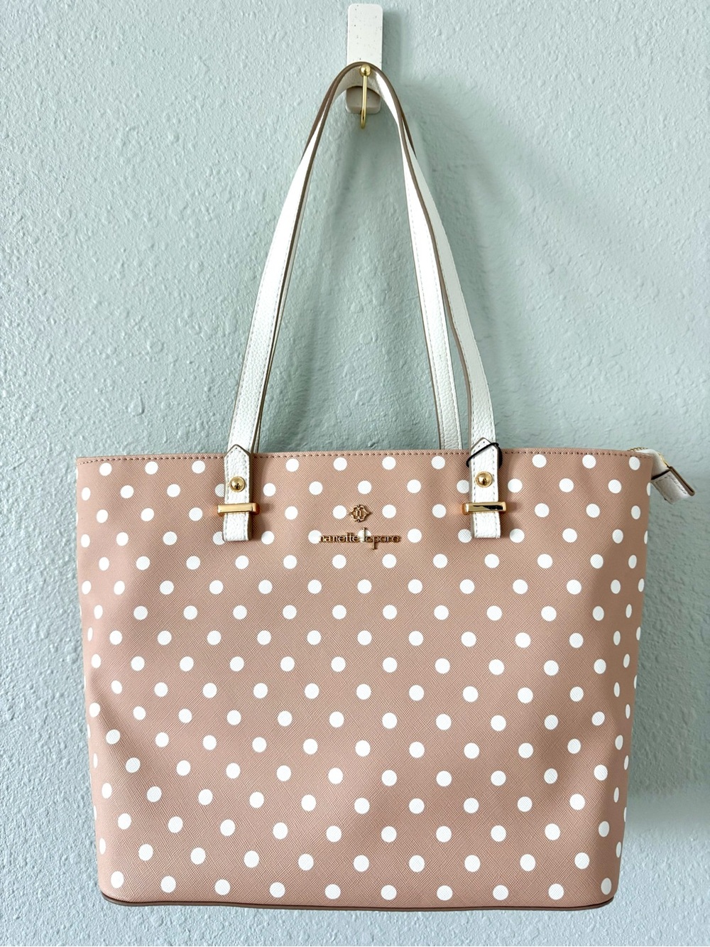 Nanette Lepore Oatmeal Polka Dot Tote with White Handles
